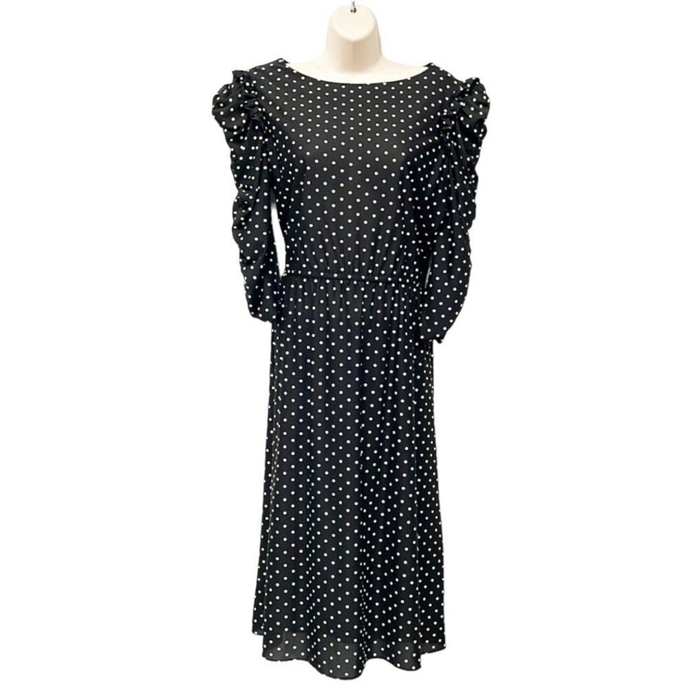 VTG 80s Polka Dot Midi Dress Sears JR Bazaar Puff Sleeve Black White Retro 15 16